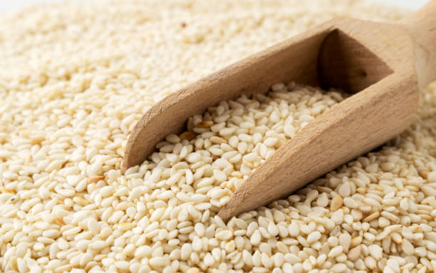 istock Sesame seeds with wooden spoonc lose up. 1160049212