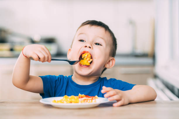 istock a child in a t-shirt in the kitchen eating an omelet, a fork 1160049467
