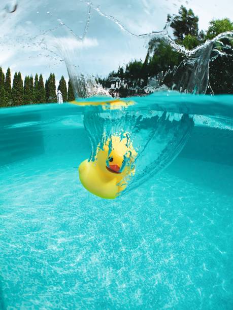 Yellow toy rubber ducky submerged in clear swimming pool water after having plunged in. With over under perspective showing the water splashing.