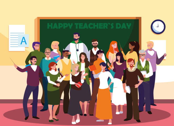 stockillustraties, clipart, cartoons en iconen met gelukkige dag van de leraar met groep leraren - teacher