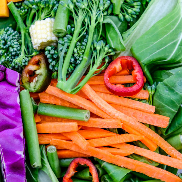 Healthy Raw Vegetables including carrots pak choi broccoli, chilli and red cabbage
