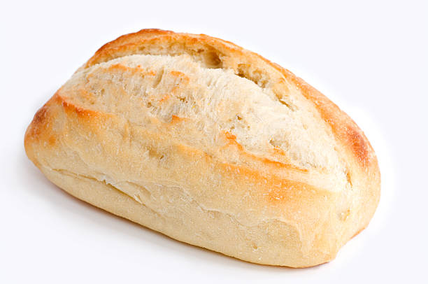 A single piece of artisan bread against a white background
