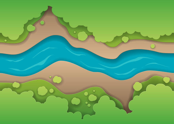 ilustraciones, imágenes clip art, dibujos animados e iconos de stock de concepto de río de papel con sombras - vista desde arriba