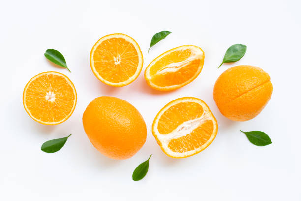 istock High vitamin C. Fresh orange citrus fruit with leaves isolated on white background. 1160060352