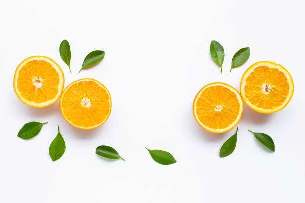 istock High vitamin C. Fresh orange citrus fruit with leaves isolated on white background. 1160060434