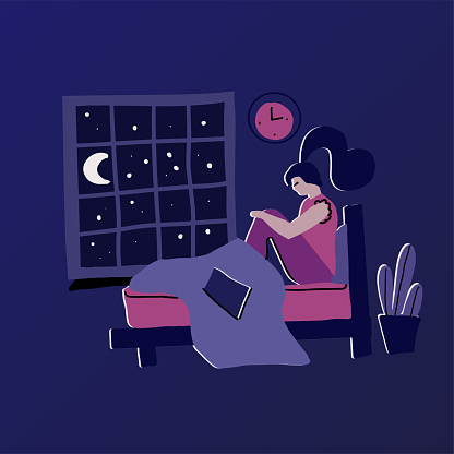 Woman With Insomnia Modern Hand Drawn Flat Concept With Sad Unhappy Young  Woman Sitting On A Bed At Night Sleepless Girl Vector Flat Cartoon  Illustration On Dark Blue Background Stock Illustration -