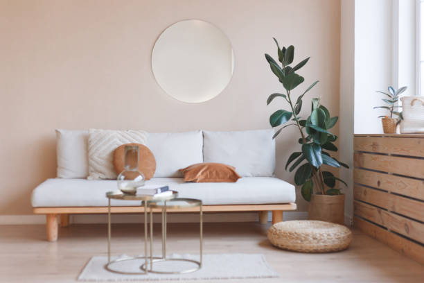 istock Living room interior with sofa, mirror and ficus 1160066561