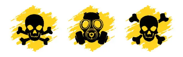 Vector illustration of Toxic Hazard Grunge Signs. Poison vector symbols. Skull and crossbones signs. Gas mask warning sign