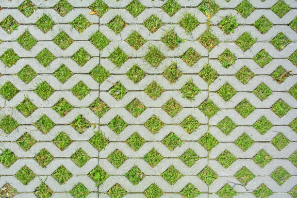 Geometric background of eco floor bricks and green grass. Eco parking texture. Floor stone tile with a rhomb hole for grass. Eco-friendly parking of concrete cells and turf grass