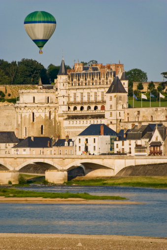 Balloon over  Amboise City, Loire Valley, France. View from the other side of the Loire river.