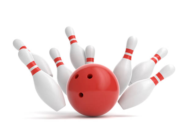 istock Red Bowling Ball and scattered white skittles isolated on white background 1160070304