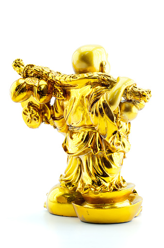Golden Hotei the God of wealth on a white background