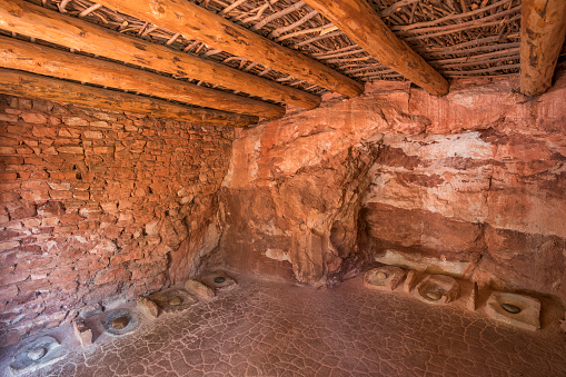 Grinding stones in an adobe room, Manitou Cliff Dwelling, Manitou Springs, Colorado, USA