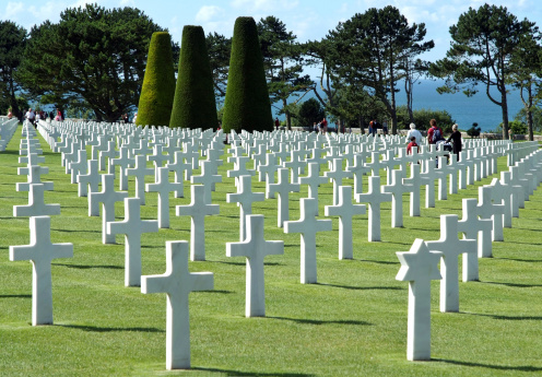 The cemetery is located on a cliff overlooking Omaha Beach (one of the landing beaches of 