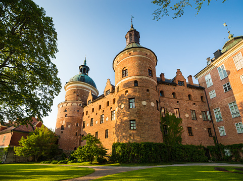 Mariefred, Sweden - June 5, 2019: Gripsholm Castle is located by lake Mälaren in south central Sweden, about 60 km west of Stockholm.