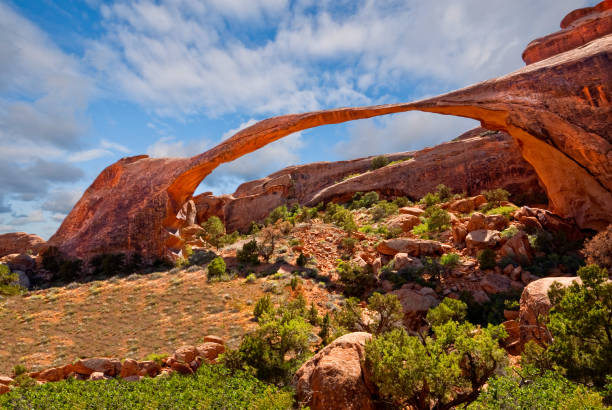 Landscape Arch Landscape Arch is a 306 foot span of sandstone that has slowly been eroding away for centuries. On September 1, 1991 a 60 foot long slab of the rock peeled away, leaving 180 tons of rock debris below the arch. Landscape Arch is in the Devil's Garden area of Arches National Park near Moab, Utah, USA. landscape arch photos stock pictures, royalty-free photos & images