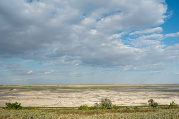 istock Lagoon estuary Molochnyi liman landscape beach clay grass clouds blue sky 1160092755