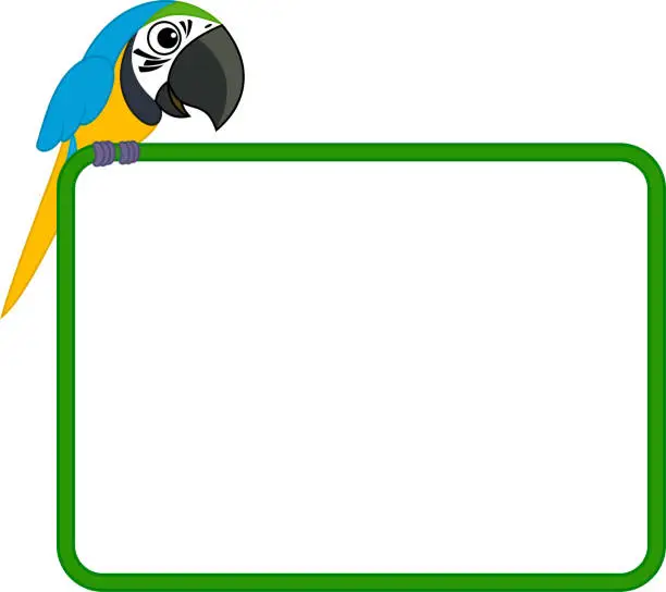 Vector illustration of Cute Vector frame with cartoon blue-and-yellow macaw parrot