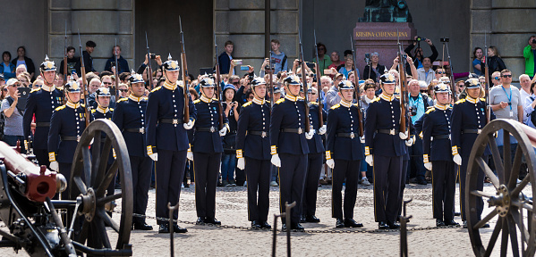 Stockholm, Sweden - June 4, 2019: Changing of the Guard in the Outer Courtyard of Stockholm Royal Palace.