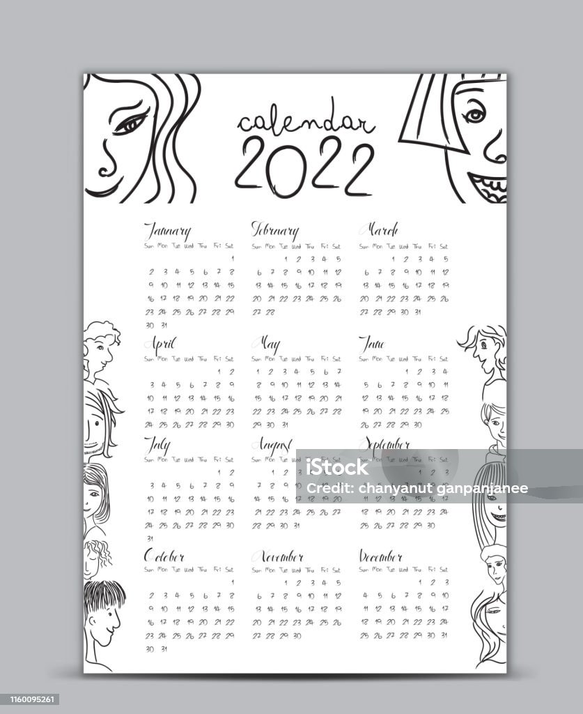 Calendar 2022 Vector Template Lettering Calendar Handdrawn Cartoon People  Vector Illustration Can Be Used For Postcard Gift Card Banner Poster Card  And Printable Black And White Color Stock Illustration - Download Image
