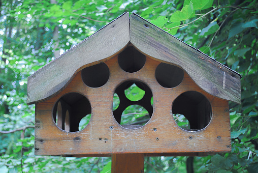 Beautiful bird feeder in the Park, cute house with round holes.
