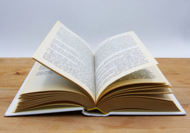 istock Open book on wooden table, white background 1160097957