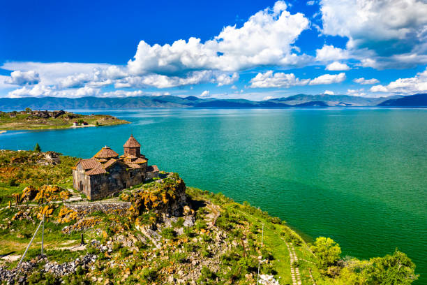 Hayravank monastery on the shores of lake Sevan in Armenia Aerial view of Hayravank monastery on the shores of lake Sevan in Armenia monastery photos stock pictures, royalty-free photos & images