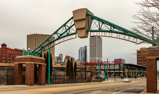 Milwaukee, Wisconsin - April 10th, 2019: Archway at the entrance to the Historic Third Ward District and Milwaukee Public Market in Downtown Milwaukee, Wisconsin, USA.