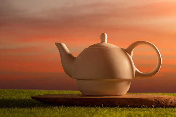 istock Ceramic white teapot on green grass at sunset background 1160102199