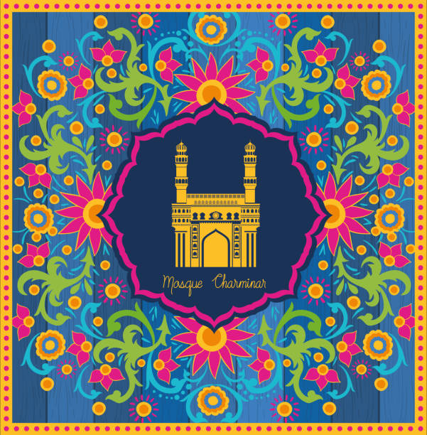 indische moschee chaminar tempel mit floralen hintergrund - hyderabad stock-grafiken, -clipart, -cartoons und -symbole