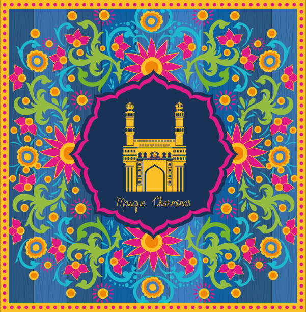 ilustrações, clipart, desenhos animados e ícones de templo chaminar da mesquita indiana com fundo floral - hyderabad