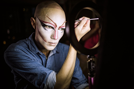 Male actor applying weird make-up in front of the mirror in dark apartment