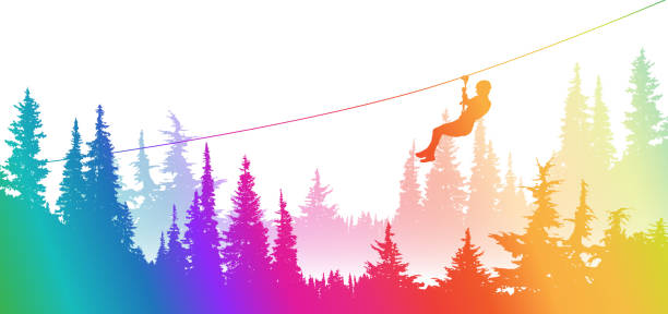 Forest Zipline Adventure Rainbow Zipline rainbow coloured silhouette illustration zip line stock illustrations