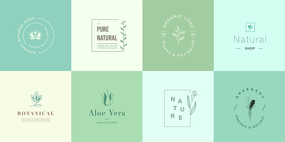 Set of natural and organic logo. Natural logo for branding, corporate identity, packaging and business card. Flat design cute nature logo.