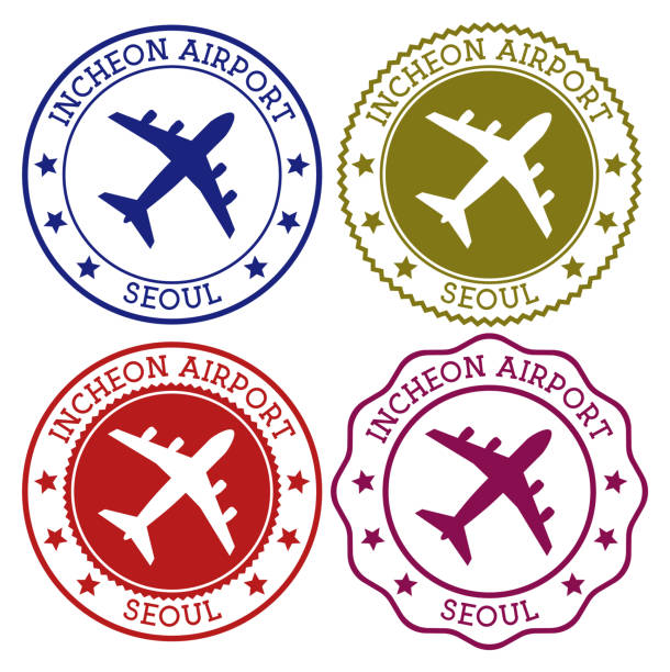 Incheon Airport Seoul. Incheon Airport Seoul. Seoul airport logo. Flat stamps in material color palette. Vector illustration. incheon stock illustrations