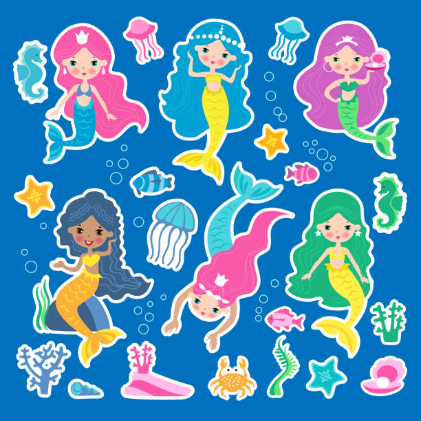 Set of of cute mermaid princess with colorful hair and other under the sea animals: fish, jellyfish, starfish, seahorse, crab. Vector illustration of cute mermaid princess with colorful hair and other under the sea elements. animal stickers stock illustrations