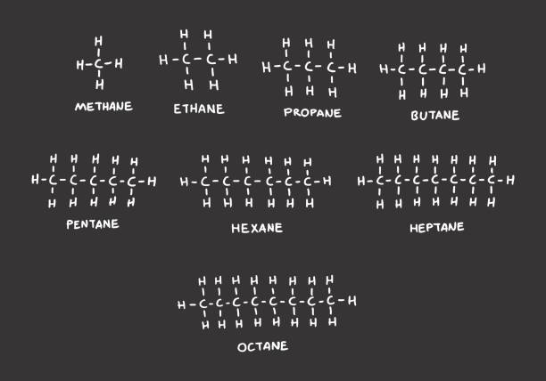 illustrazioni stock, clip art, cartoni animati e icone di tendenza di formule di idrocarburi alcani - hydrogen molecule white molecular structure