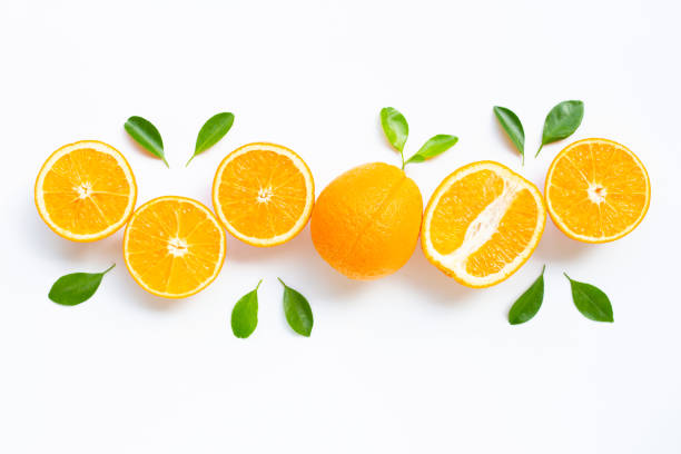 istock High vitamin C. Fresh orange citrus fruit with leaves isolated on white background. 1160125816