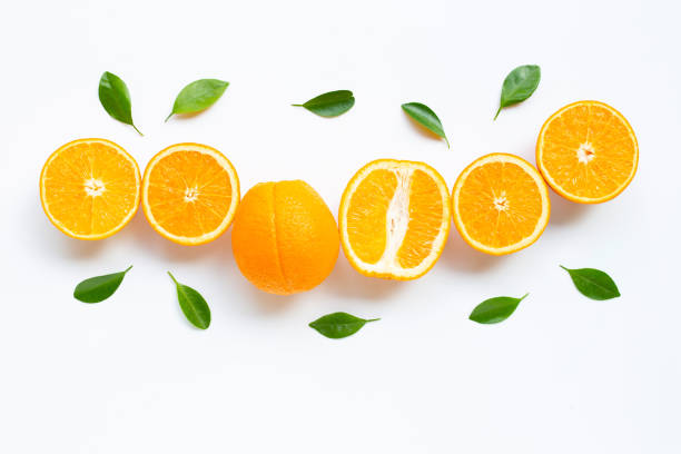 istock High vitamin C. Fresh orange citrus fruit with leaves isolated on white background. 1160125824