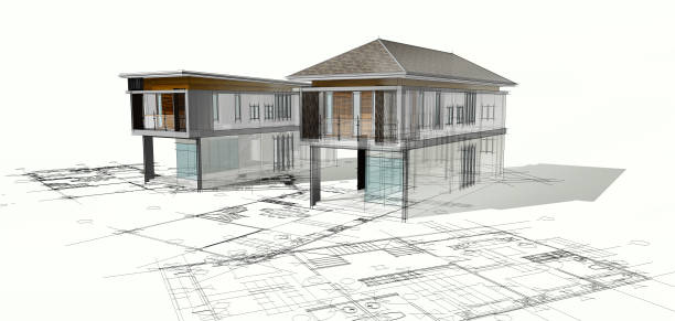 disegno di schizzo tridimensionale della casa - vehicle interior construction blueprint plan foto e immagini stock