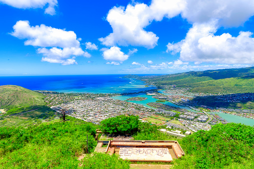 View of Hawaii Kai, a largely residential area located in the City & County of Honolulu, seen from the top of Koko Head near Honolulu in Hawaii