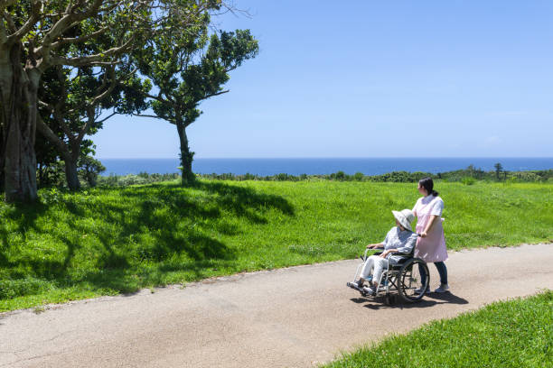 istock Senior and care helper taking a walk with a wheelchair 1160130518