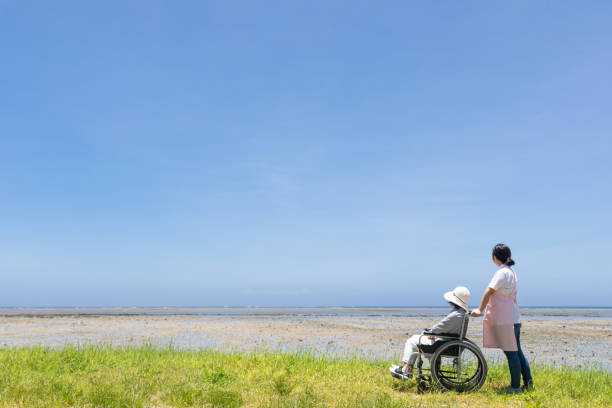 istock Senior and care helper taking a walk with a wheelchair 1160130524