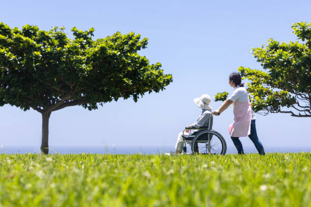 istock Senior and care helper taking a walk with a wheelchair 1160130528