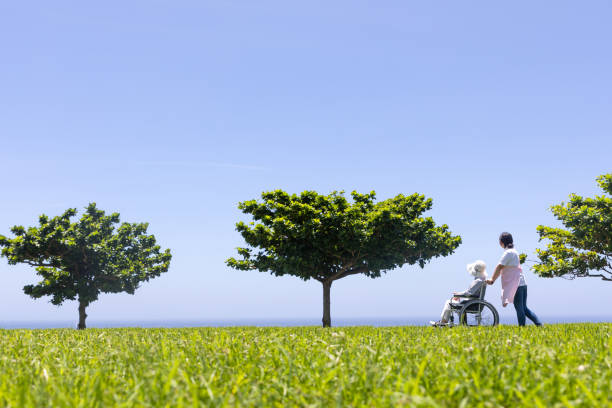 Senior and care helper taking a walk with a wheelchair