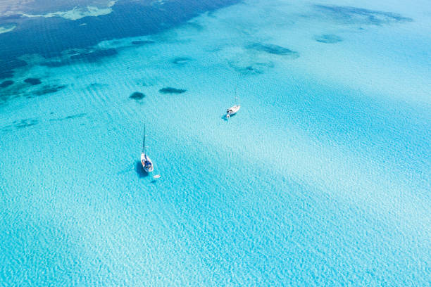 vista dall'alto, splendida vista aerea di alcune barche che navigano su una bellissima acqua limpida turchese. spiaggia la pelosa stintino, sardegna, italia. - 5547 foto e immagini stock