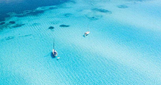 vista desde arriba, impresionante vista aérea de algunos barcos que navegan en un hermoso agua clara de color turquesa. spiaggia la pelosa (playa de pelosa) stintino, cerdeña, italia. - 5548 fotografías e imágenes de stock