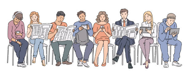 People holding newspaper, tablets and phones People holding newspaper, tablets and phones, queue of cartoon men and women in waiting room sitting in chairs and reading news or scrolling isolated hand drawn vector illustration on white background reading newspaper stock illustrations