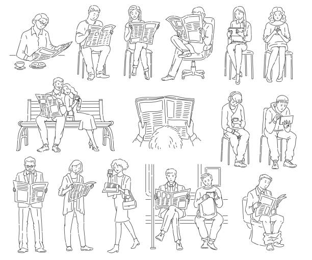 Set of people who read newspapers and look at technology in different places and positions Set of people who read newspapers and look at technology in different places and positions. Men and women reading news, coloring book isolated black and white vector illustration on white. man sitting alone drawing stock illustrations