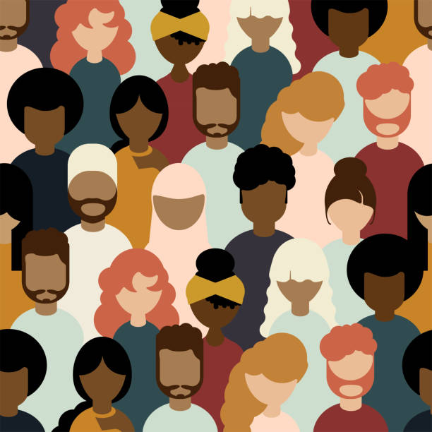 Diverse Group Character Set, Multicultural Concept Multicultural crowd, group of people, flat vector illustration style. black woman hair bun stock illustrations